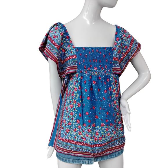 TwentyOne Tops - Forever 21 Blue Floral Smocked Peasant Top